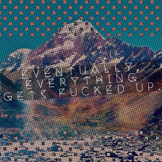 A highly stylized mountain with overlayed textures and text.