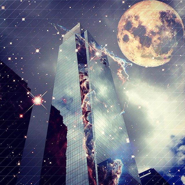 A glass tower reflecting stars and a nebula with an artistically exaggerated moon.