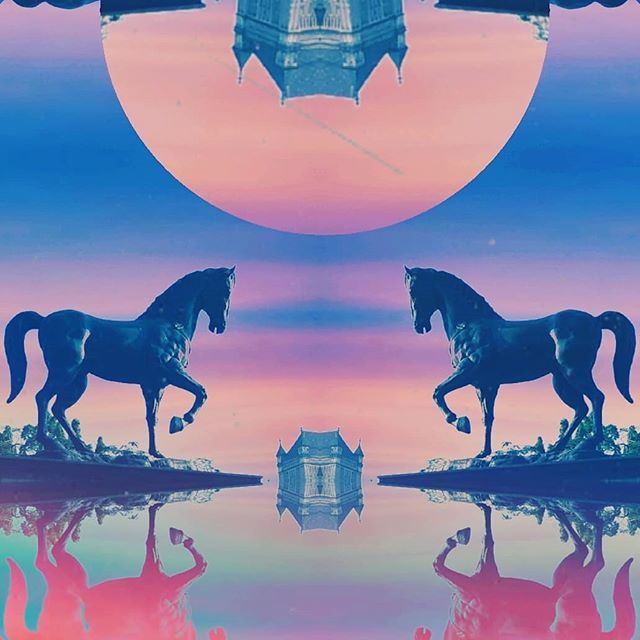 Exaggerated black horses with a giant sun in the middle and The Sasoon Library in the distance.