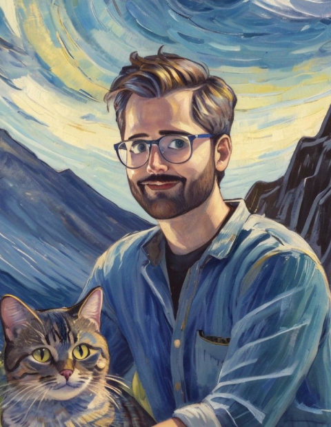 An AI-rendered painting of Ashwini Gurbaxani with a cat.